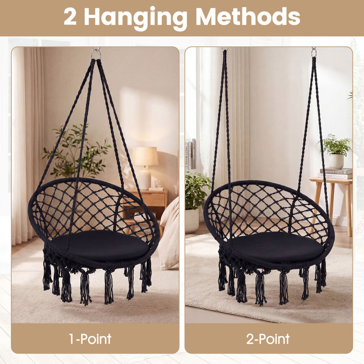 Macrame Swing Chair Hammock Chair with Round Seat Cushion-Black