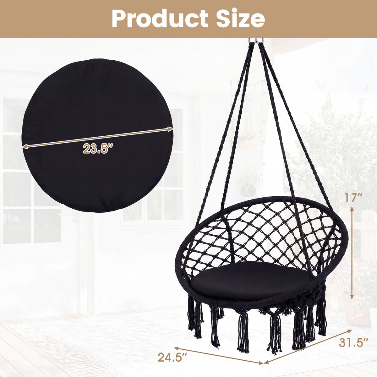 Macrame Swing Chair Hammock Chair with Round Seat Cushion-Black