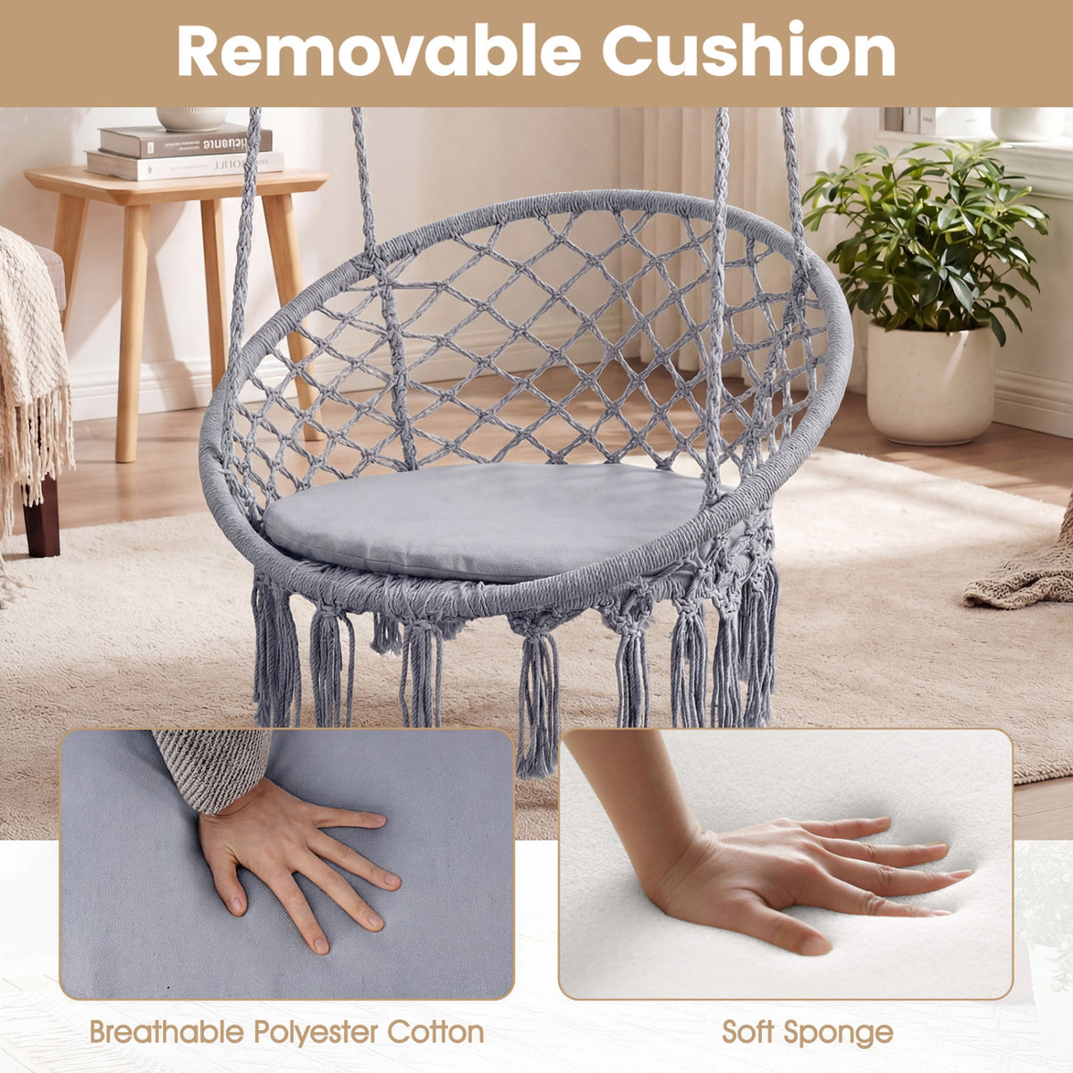 Macrame Swing Chair Hammock Chair with Round Seat Cushion-Grey