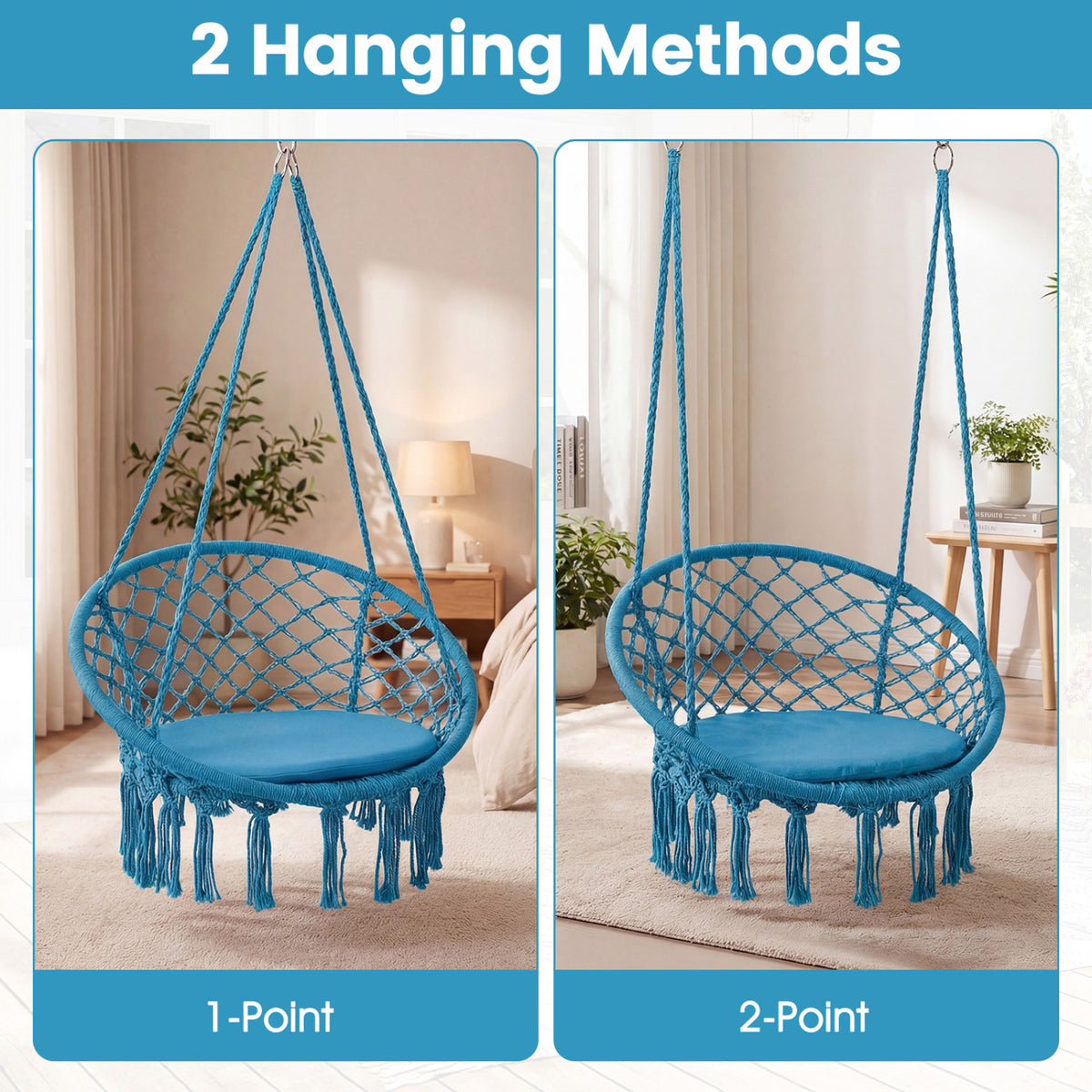 Macrame Swing Chair Hammock Chair with Round Seat Cushion-Blue