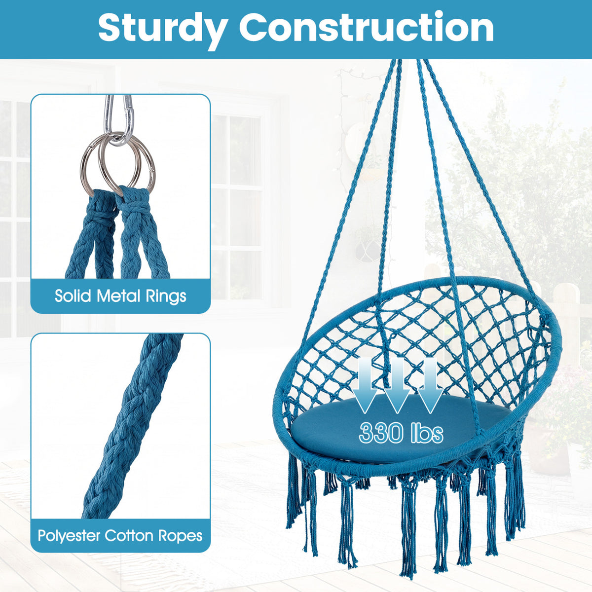 Macrame Swing Chair Hammock Chair with Round Seat Cushion-Blue