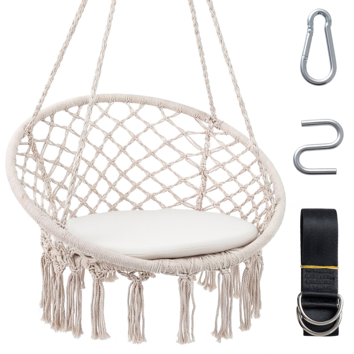 Macrame Swing Chair Hammock Chair with Round Seat Cushion-Beige