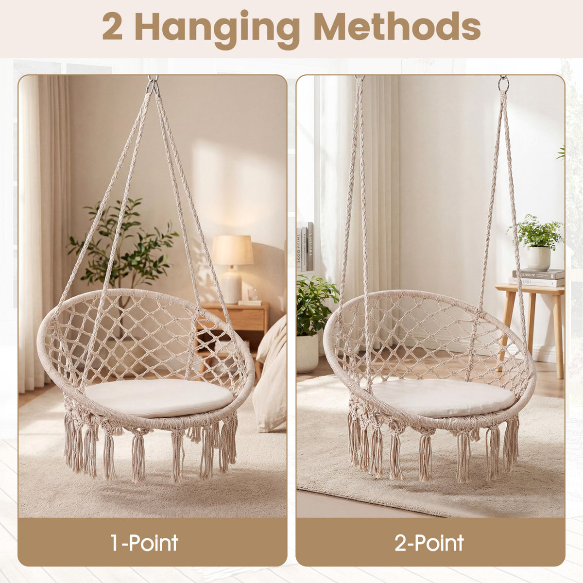 Macrame Swing Chair Hammock Chair with Round Seat Cushion-Beige