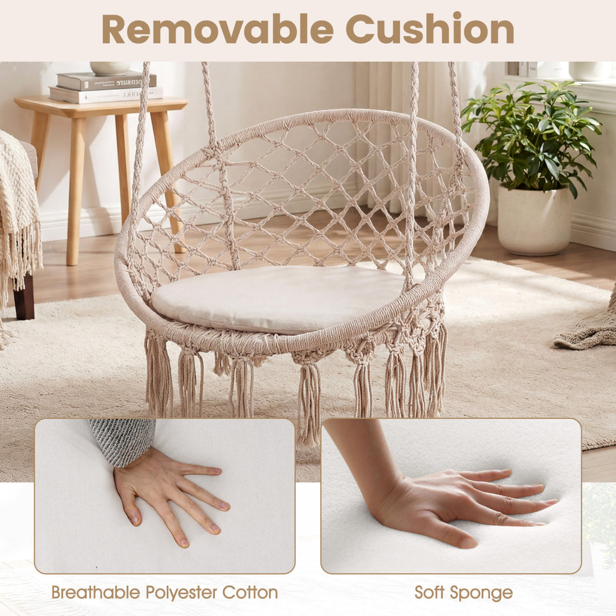 Macrame Swing Chair Hammock Chair with Round Seat Cushion-Beige