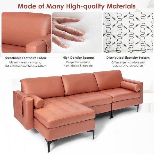 L-shaped Sectional Sofa with Reversible Chaise and 2 USB Ports-Pink