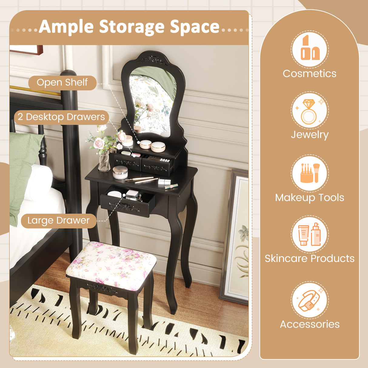 Makeup Dressing Table and Bench 3 Drawers and Cushioned Stool for Girls-Black