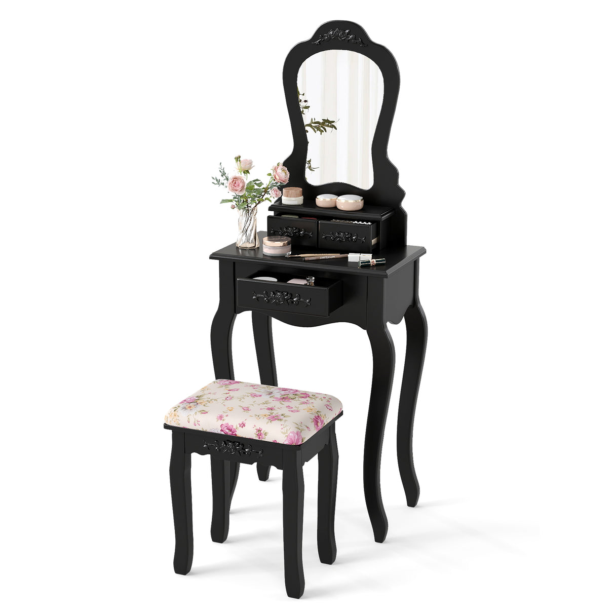 Makeup Dressing Table and Bench 3 Drawers and Cushioned Stool for Girls-White