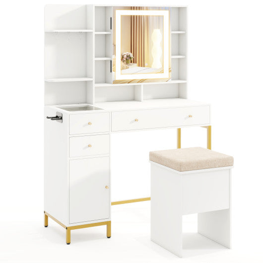 Makeup Dressing Table and Stool set with 3 Lighting Modes and Cabinet-White
