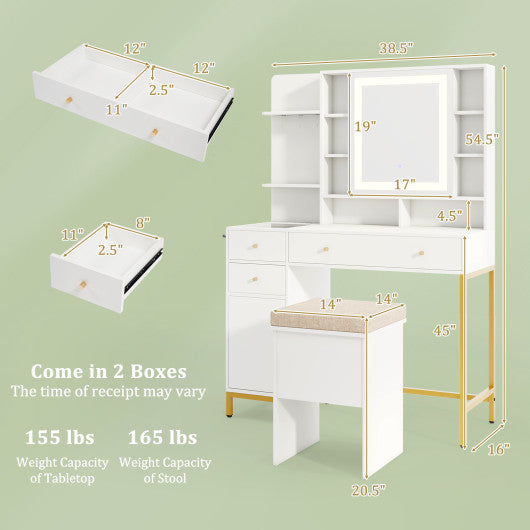 Makeup Dressing Table and Stool set with 3 Lighting Modes and Cabinet-White