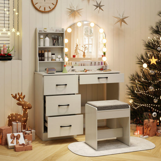 Makeup Vanity Desk Dressing Table and Stool Set with Mirror and Lights-White