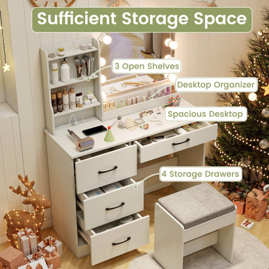 Makeup Vanity Desk Dressing Table and Stool Set with Mirror and Lights-White