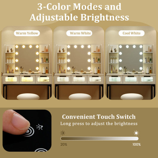 Bedroom Makeup Vanity Desk with Hollywood Mirror and Lights-White