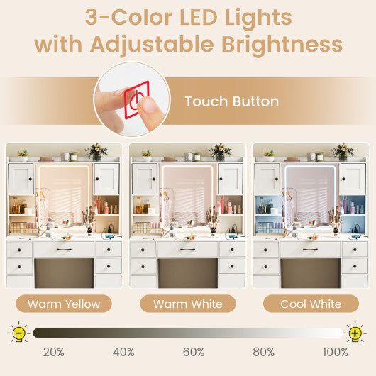 Makeup Vanity Desk with Lighted Mirror and Charging Station-White