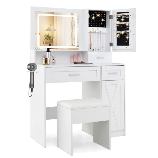 Makeup Vanity Desk with Mirror and Lights Dressing Table and Stool Set-White