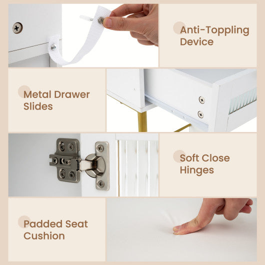 Modern Makeup Vanity Desk with Mirror and Lights and Stool Set-White