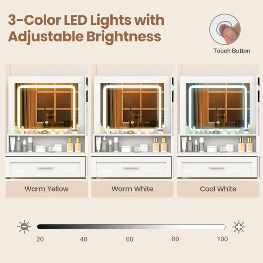 Makeup Vanity Desk with Mirror and Lights Dressing Table and Stool Set-White