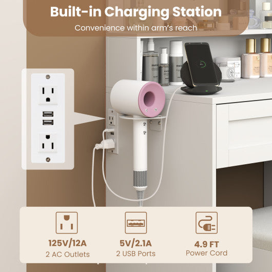 Makeup Vanity Desk with Mirror and Lights Dressing Table and Stool Set-White