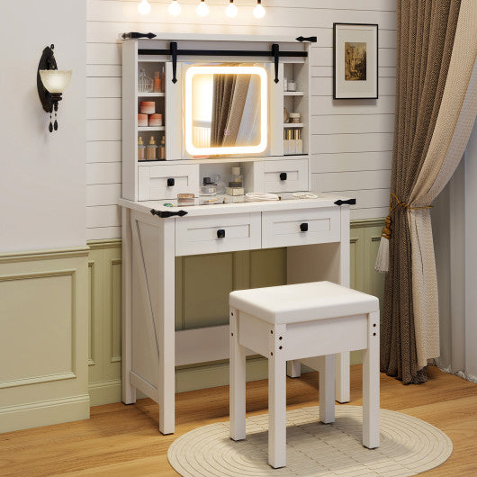 Makeup Vanity Desk with Mirror and Adjustable Storage Shelves-White