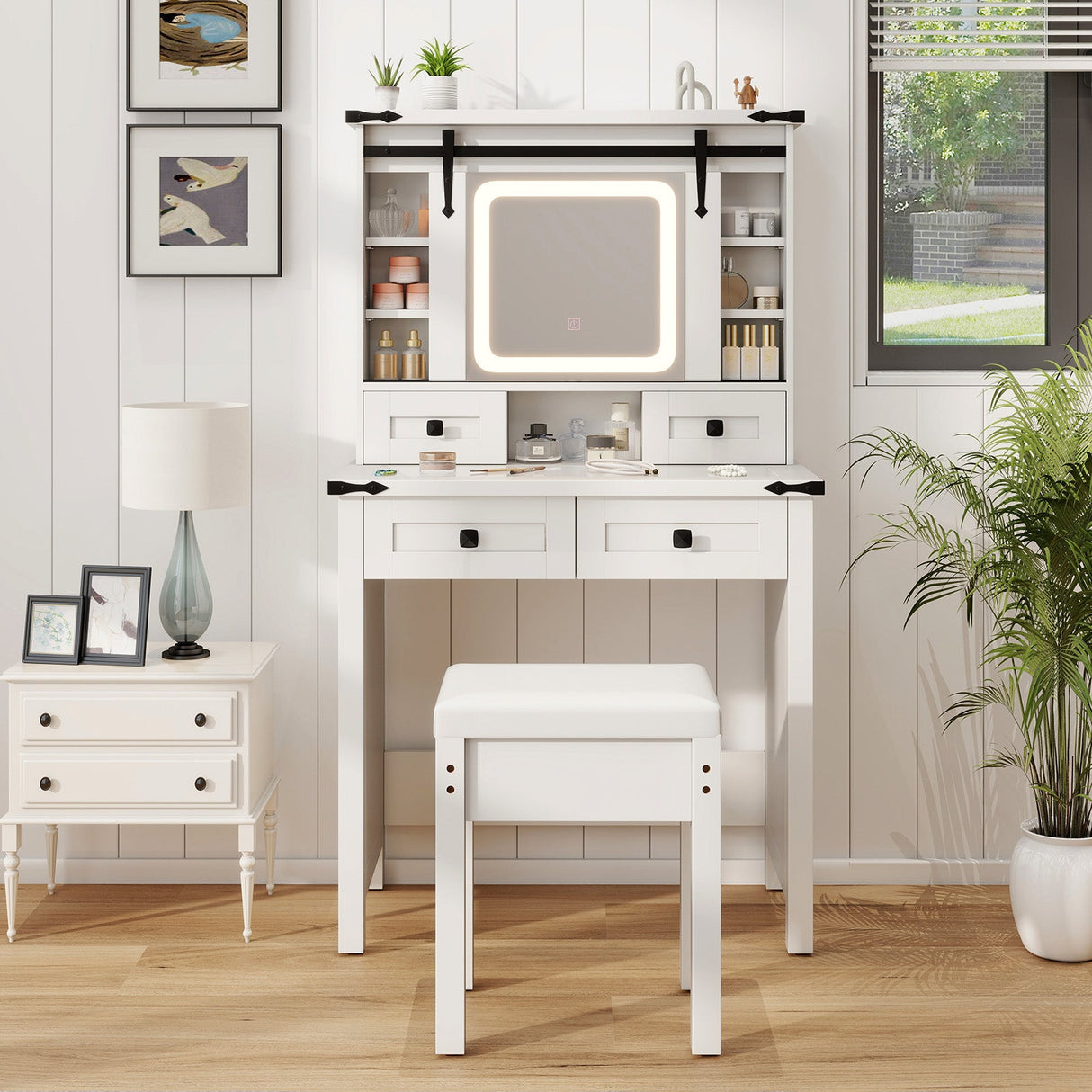 Makeup Vanity Desk with Mirror and Adjustable Storage Shelves-White