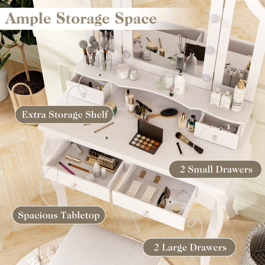 Makeup Vanity Table Set with Lighted Mirror and Drawers-White