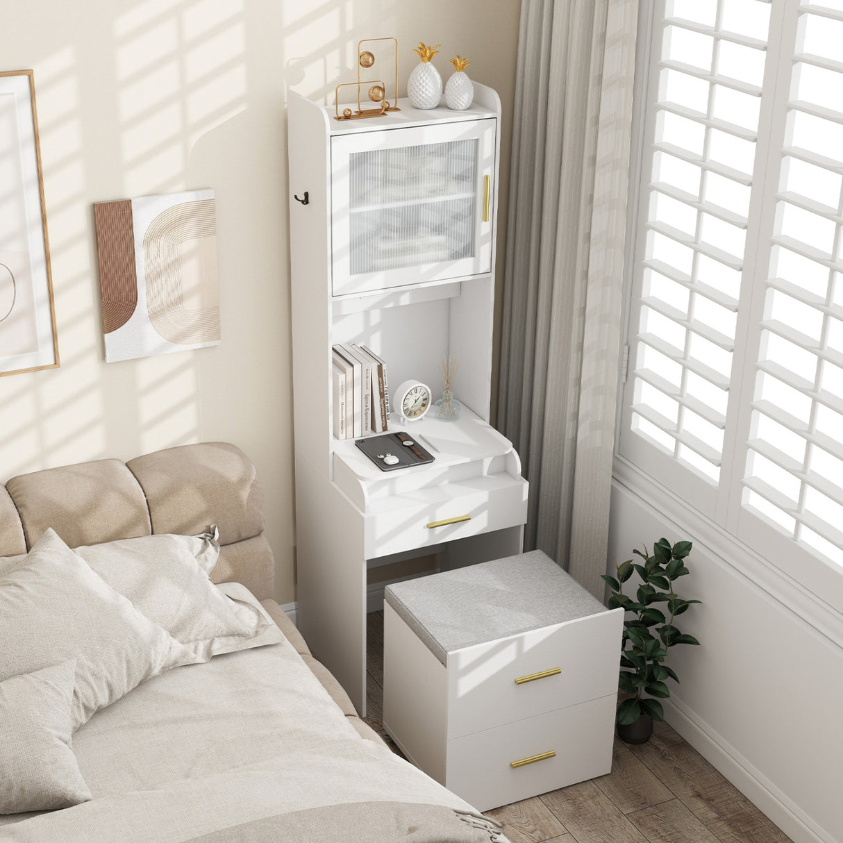 Makeup Vanity with Power Outlets and Flip-top Mirror and Storage Stool-White