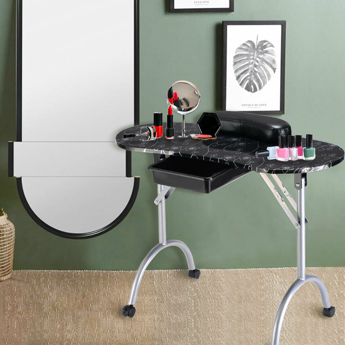Foldable Portable Manicure Table with Drawer Casters and Cushion-Black