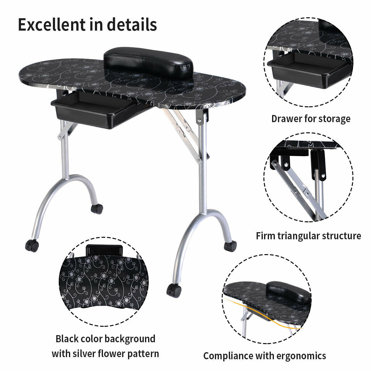 Foldable Portable Manicure Table with Drawer Casters and Cushion-Black