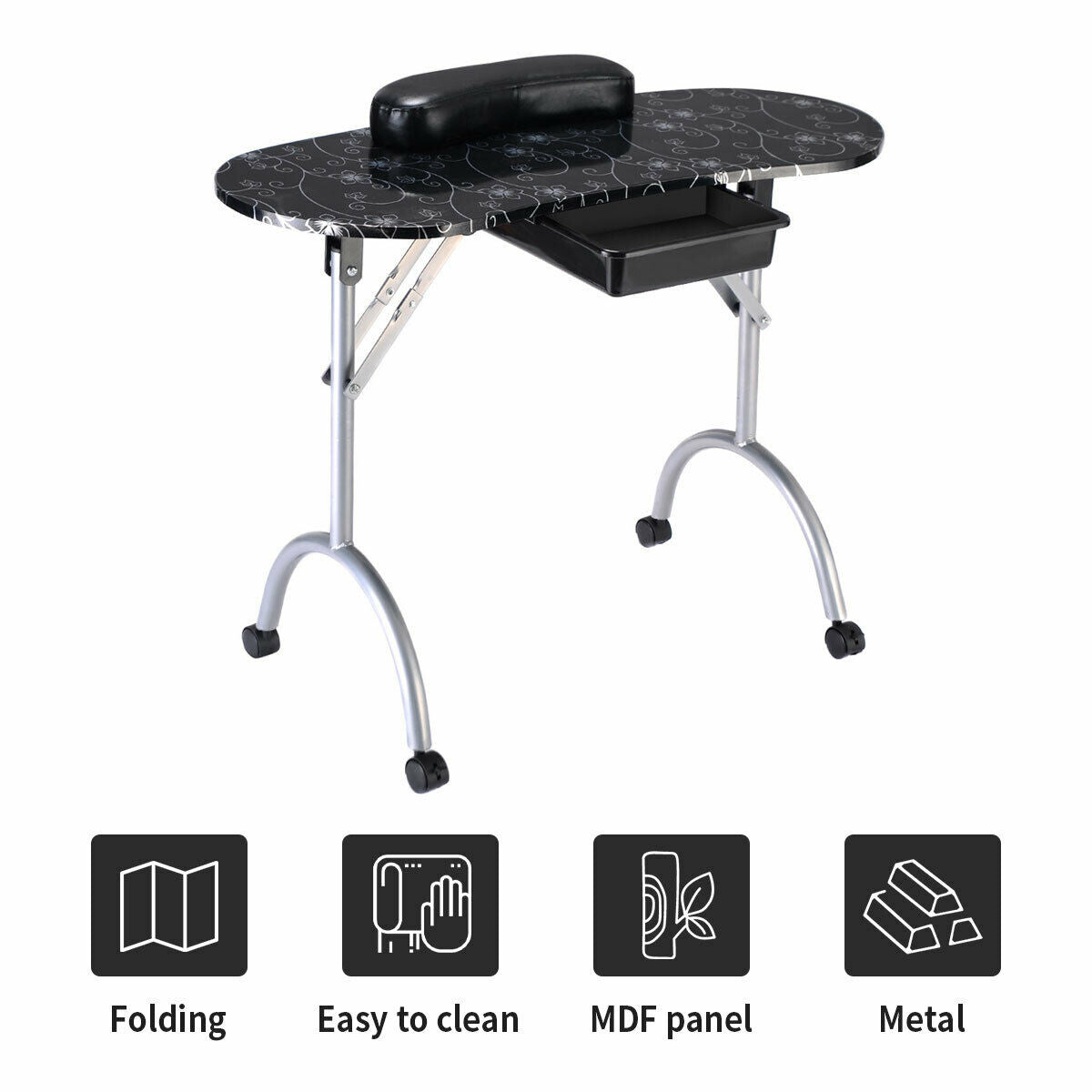Foldable Portable Manicure Table with Drawer Casters and Cushion-Black