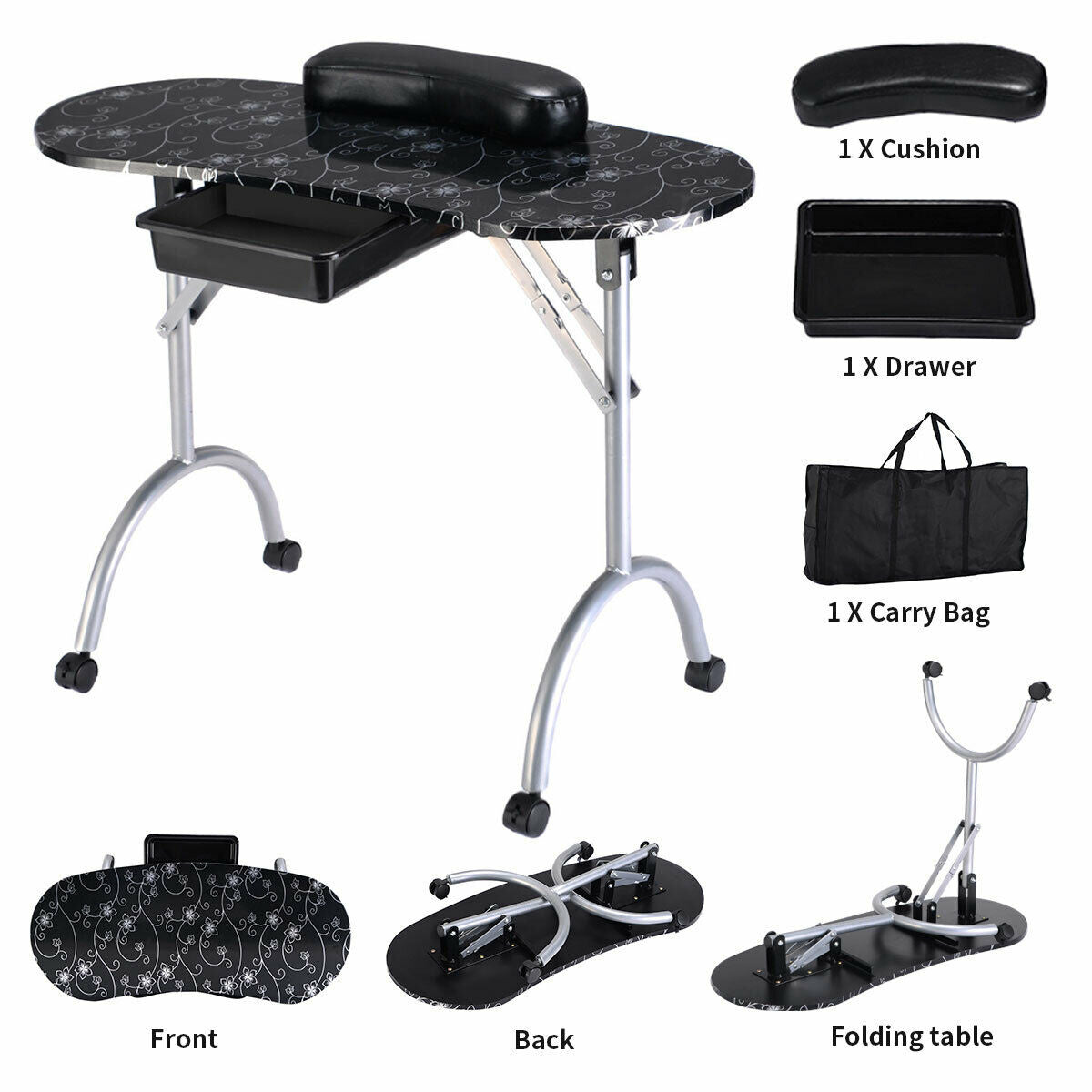 Foldable Portable Manicure Table with Drawer Casters and Cushion-Black