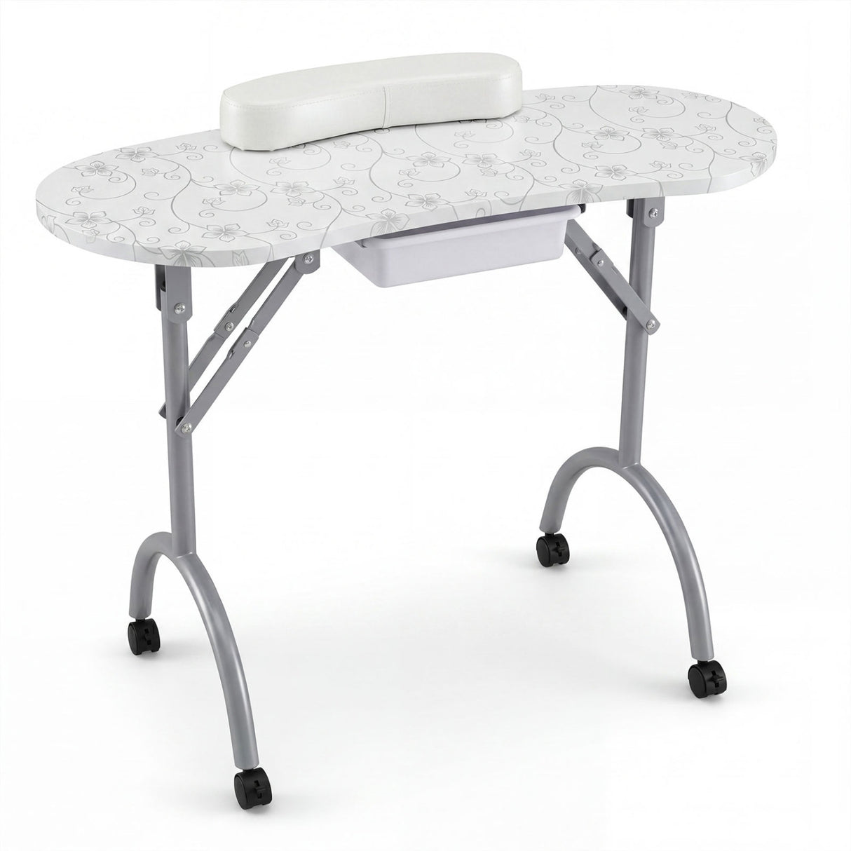 Foldable Portable Manicure Table with Drawer Casters and Cushion-Black