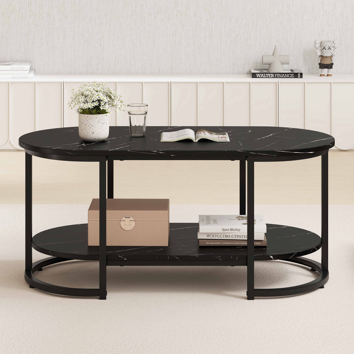Marble Coffee Table with Open Storage Shelf-Black