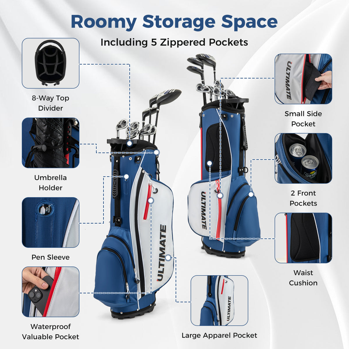 Mens LeftHanded Complete Golf Clubs and Bag Set Portable Lightweight Golf Stand Bag-Blue