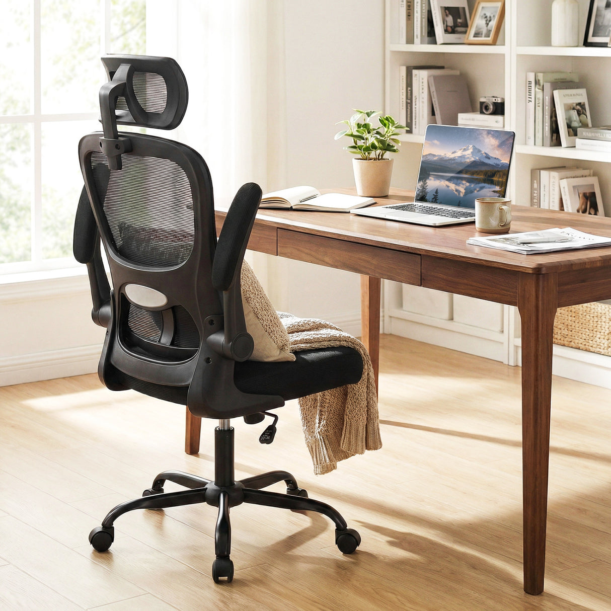 Mesh Office Chair with Adaptive Lumbar Support Flip-up Armrests Reclining Backrest-Black
