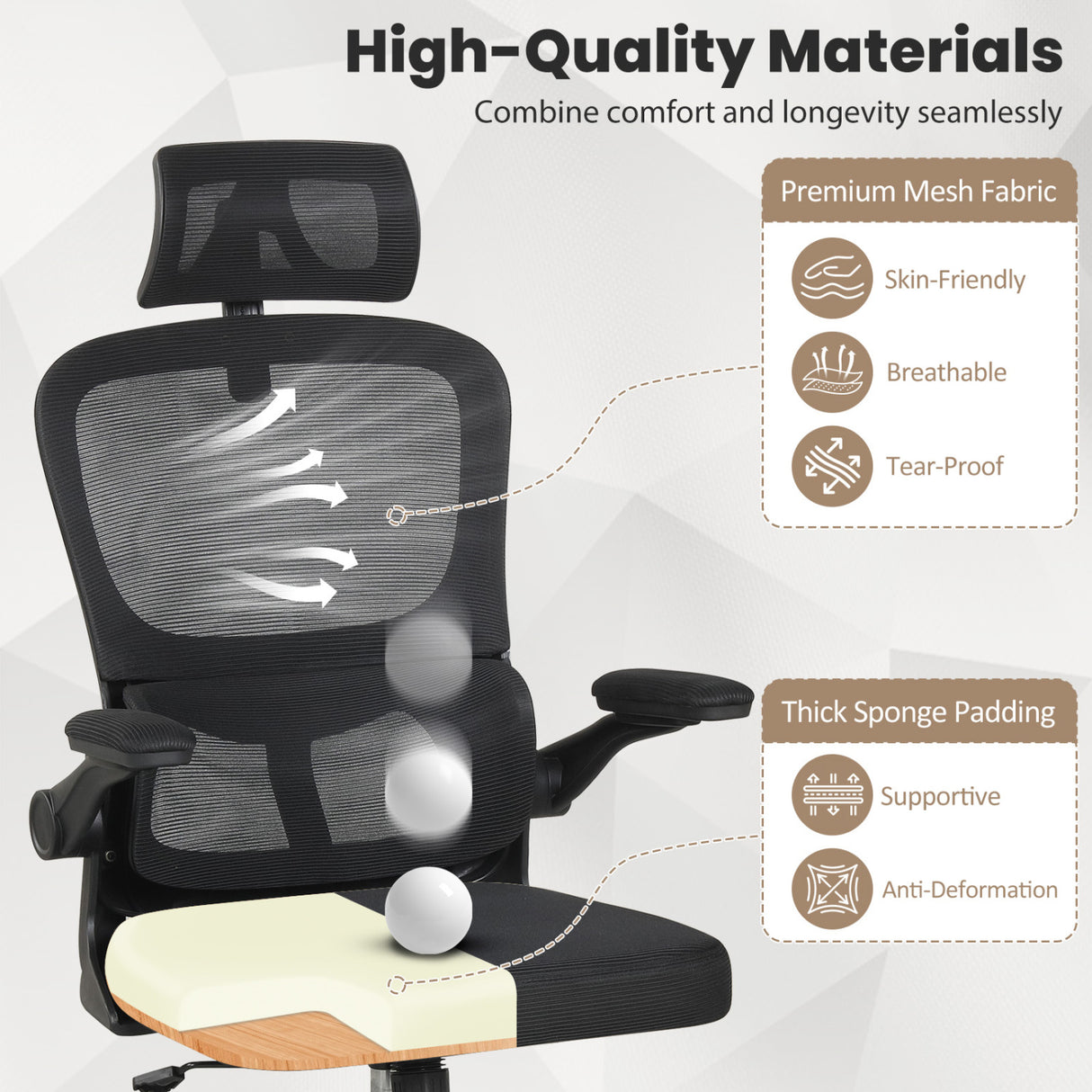 Mesh Office Chair with Adaptive Lumbar Support Flip-up Armrests Reclining Backrest-Black