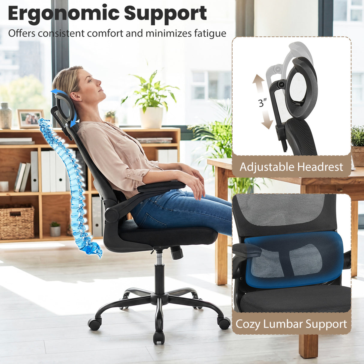 Mesh Office Chair with Adaptive Lumbar Support Flip-up Armrests Reclining Backrest-Black