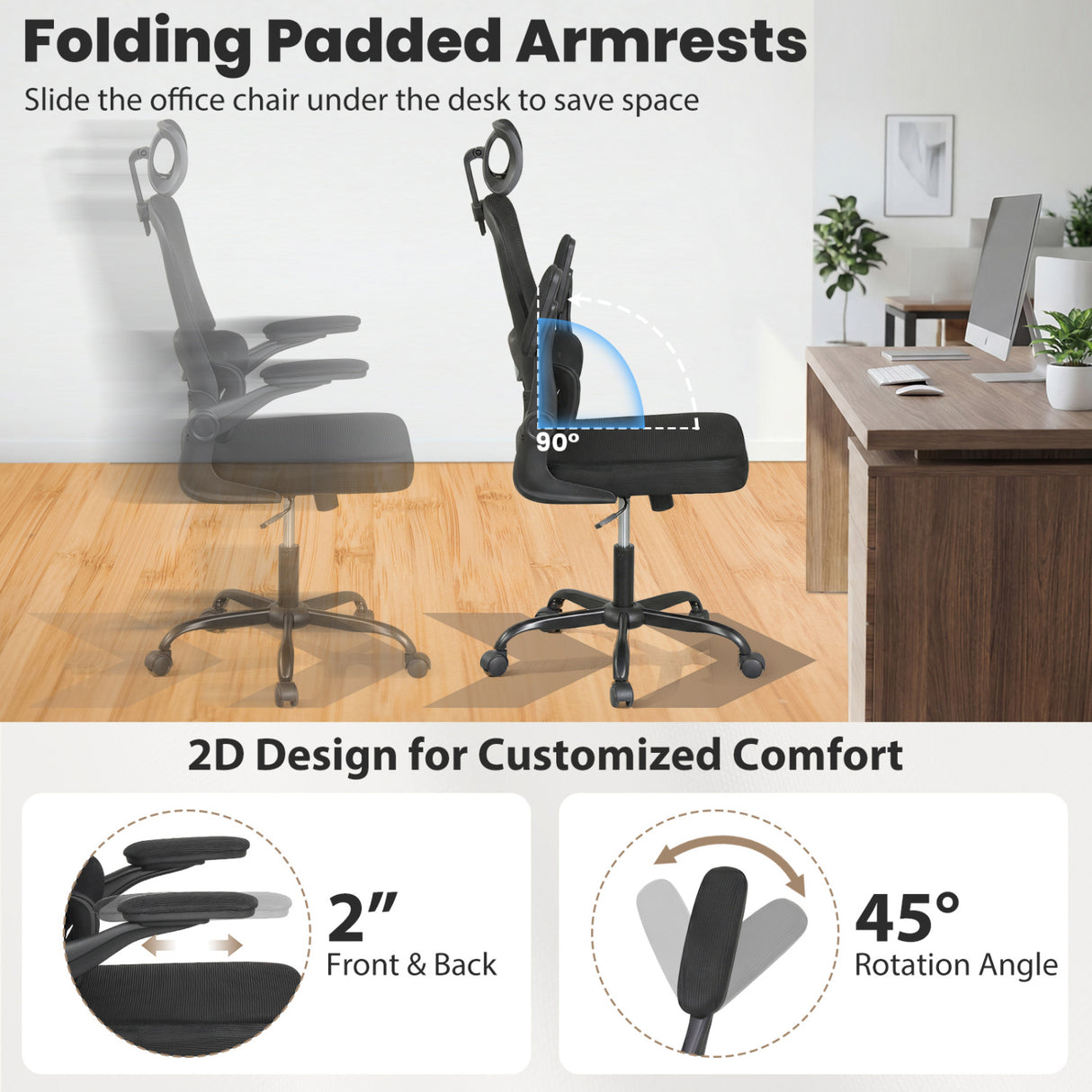 Mesh Office Chair with Adaptive Lumbar Support Flip-up Armrests Reclining Backrest-Black