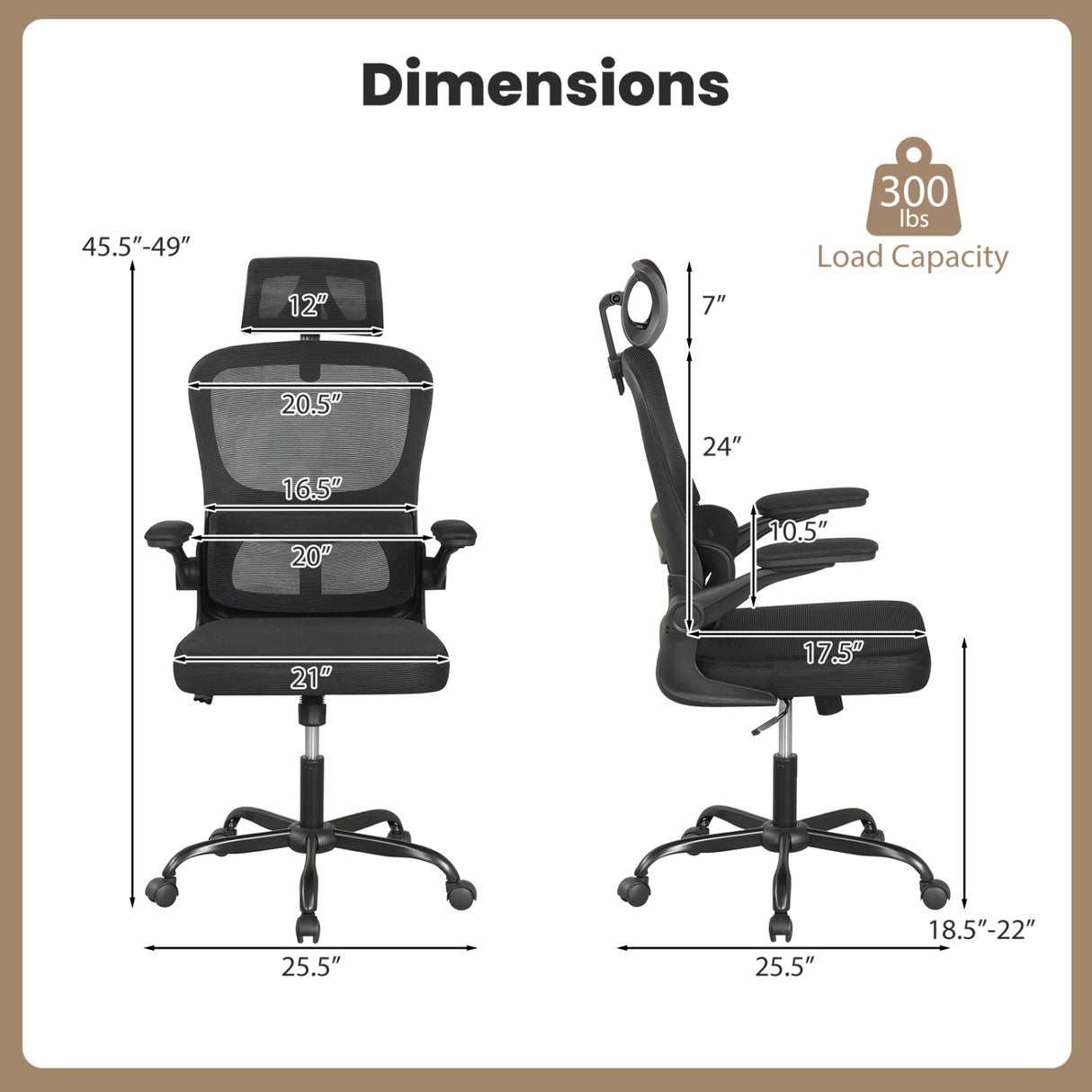 Mesh Office Chair with Adaptive Lumbar Support Flip-up Armrests Reclining Backrest-Black