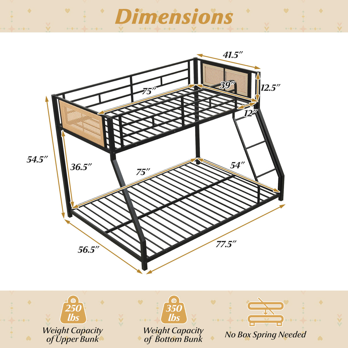 Metal Bunk Bed Twin Over Full with Full Length Safety Guardrail and Ramp Ladder-Black