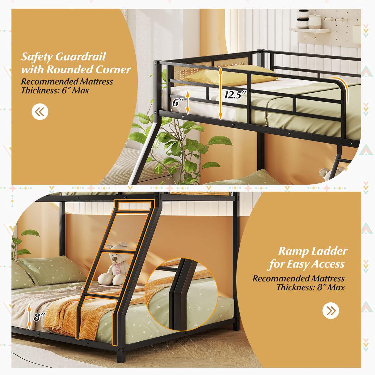 Metal Bunk Bed Twin Over Full with Full Length Safety Guardrail and Ramp Ladder-Black