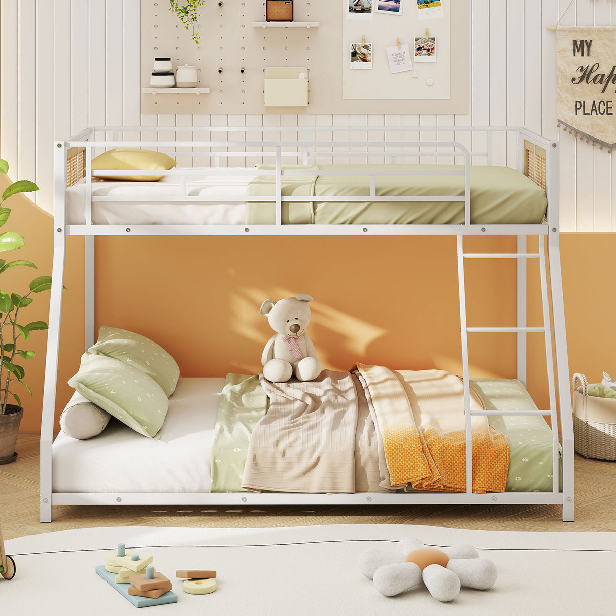 Metal Bunk Bed Twin Over Full with Full Length Safety Guardrail and Ramp Ladder-White