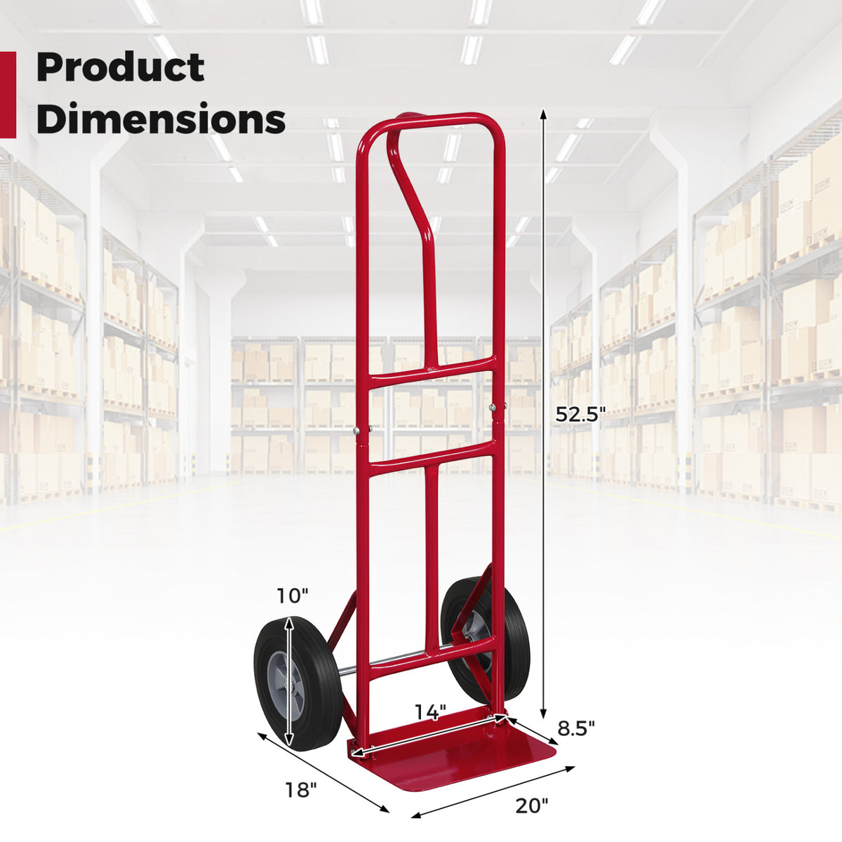 Metal Hand Truck Heavy-Duty 600 LBS Moving Dolly Cart with P-Handle and 10inch Rubber Wheels-Red