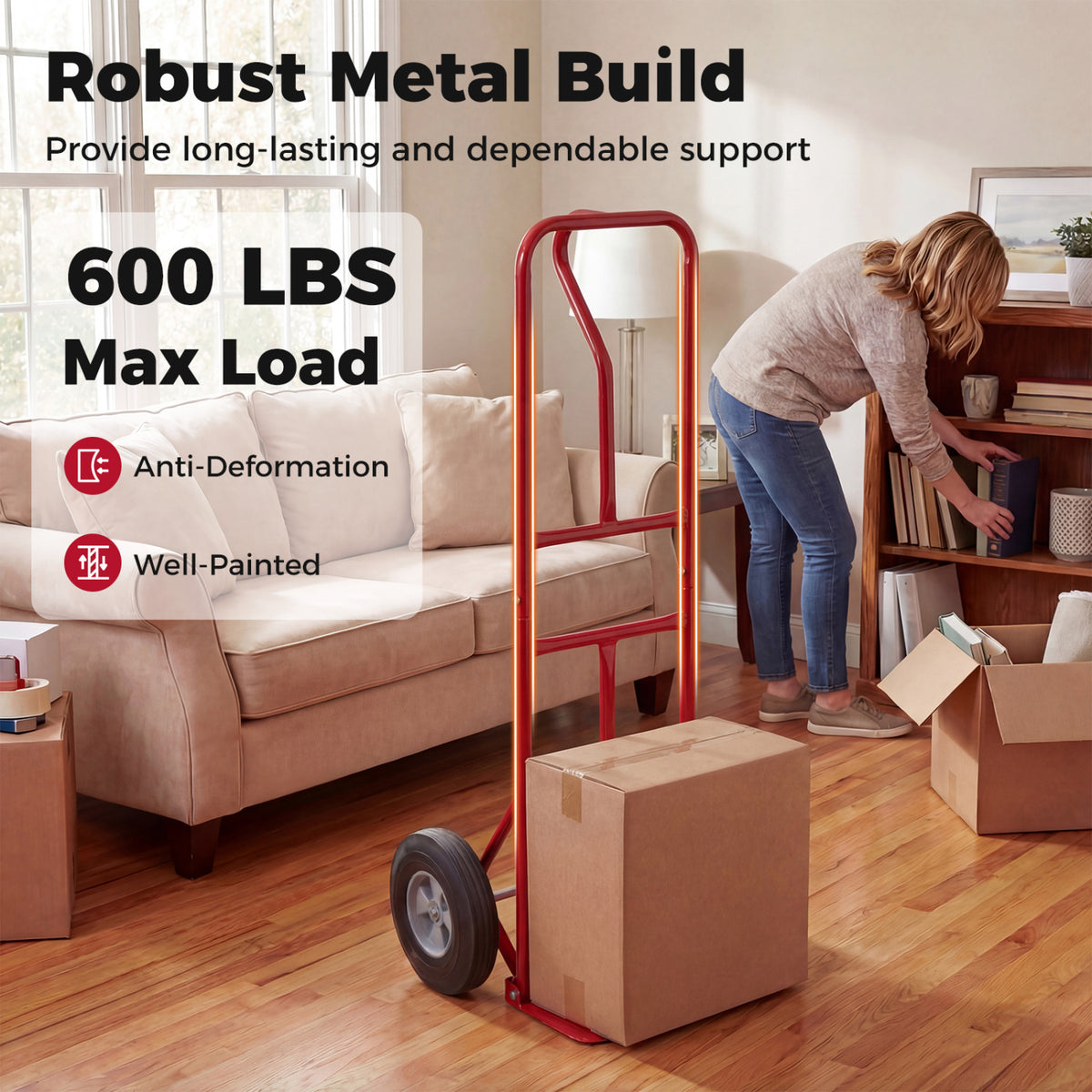 Metal Hand Truck Heavy-Duty 600 LBS Moving Dolly Cart with P-Handle and 10inch Rubber Wheels-Red