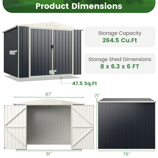 8 x 6.3 FT Metal Outdoor Storage Shed with Lockable Door-Gray