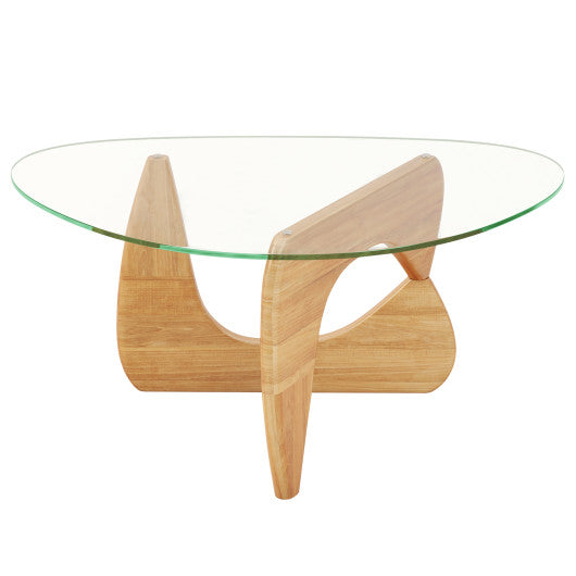 Triangle Coffee Table with Tempered Glass Top and Adjustable Rubber Wood Base-Natural