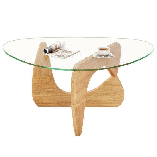 Triangle Coffee Table with Tempered Glass Top and Adjustable Rubber Wood Base-Natural
