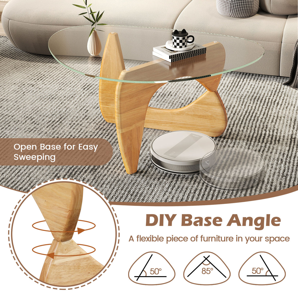 Triangle Coffee Table with Tempered Glass Top and Adjustable Rubber Wood Base-Natural