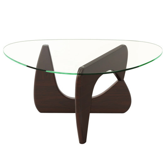 Triangle Coffee Table with Tempered Glass Top and Adjustable Rubber Wood Base-Walnut
