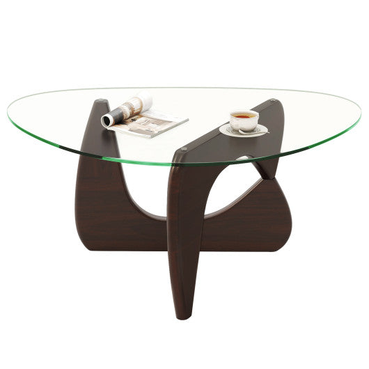 Triangle Coffee Table with Tempered Glass Top and Adjustable Rubber Wood Base-Walnut