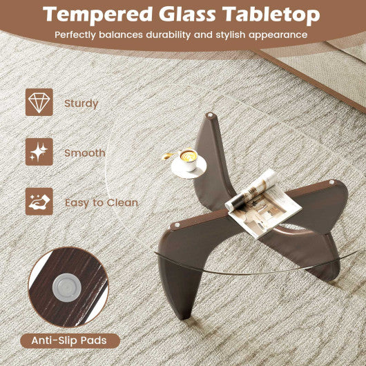 Triangle Coffee Table with Tempered Glass Top and Adjustable Rubber Wood Base-Walnut