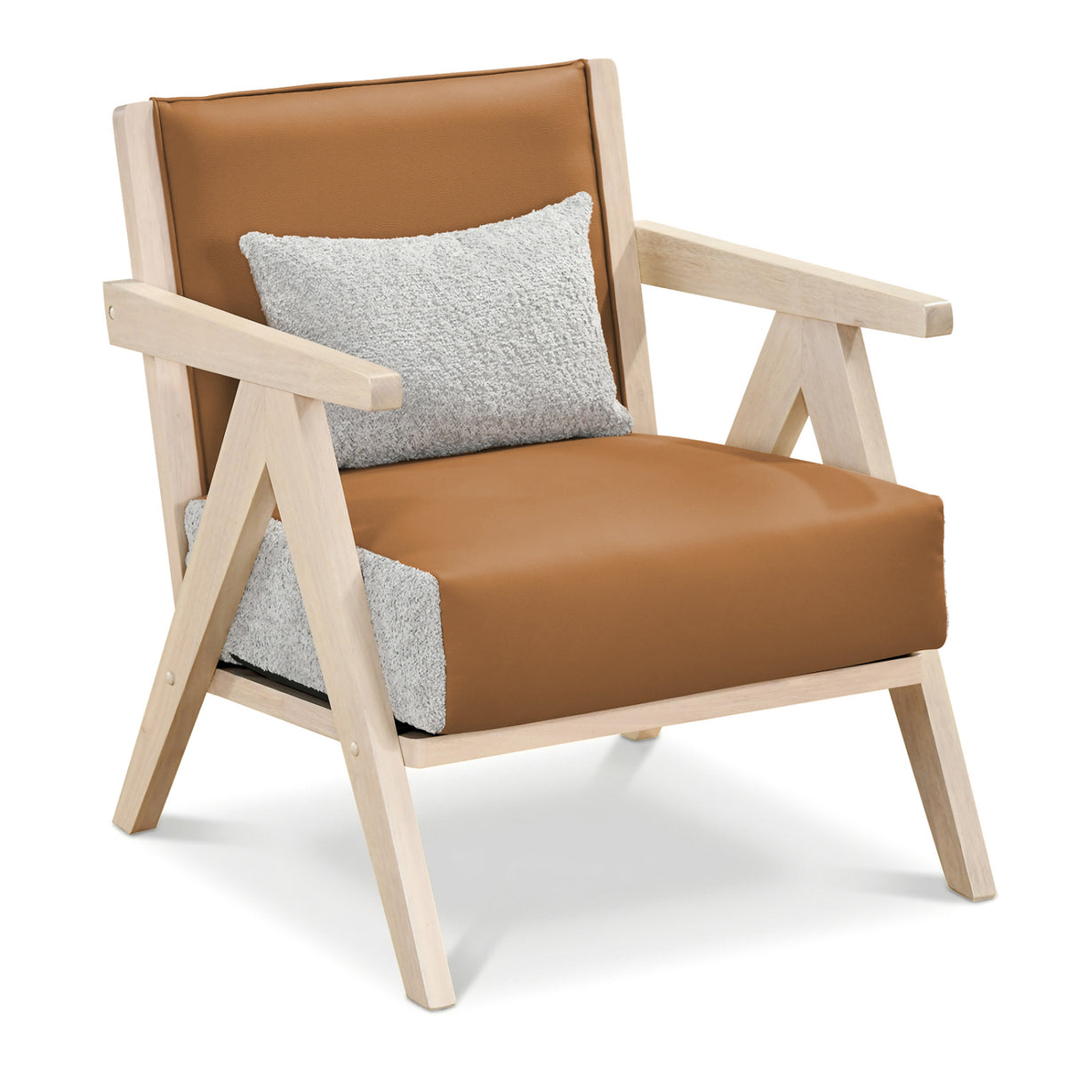 Mid-Century Modern Accent Chair Artificial Leather Sofa Chair with Rubber Wood Frame-Brown